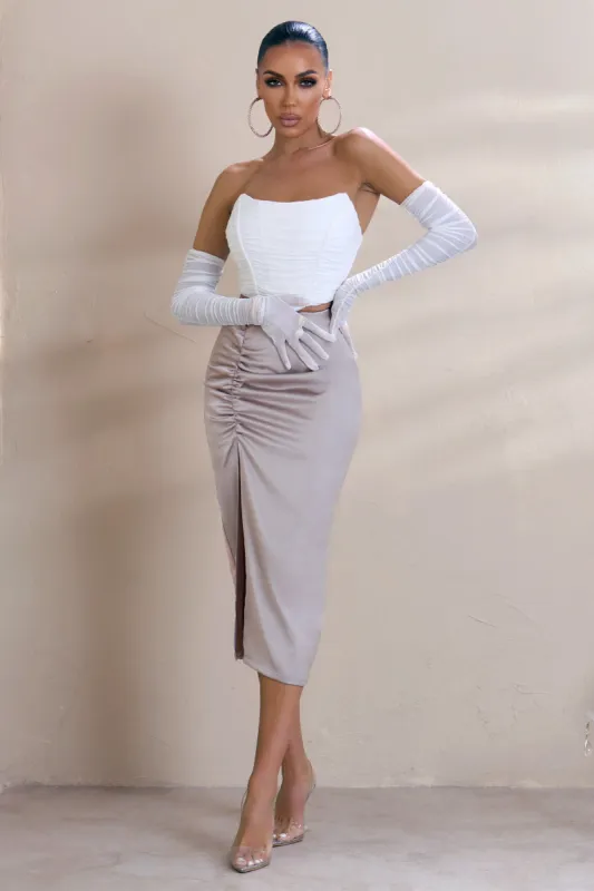 Freshen Up | Taupe High Waist Ruched Midi Skirt With Thigh Split sold by Club L London