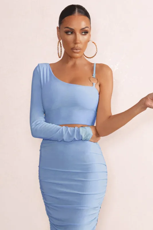 Nice | Powder Blue Asymmetric Neck Crop Top With O Ring Detail sold by Club L London