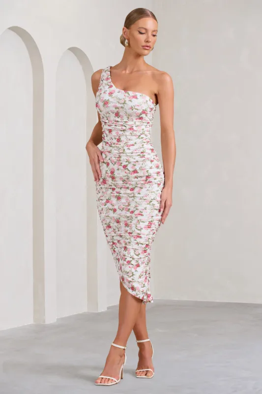 Late Night | Rose Floral Print Ruched One Shoulder Midi Dress sold by Club L London