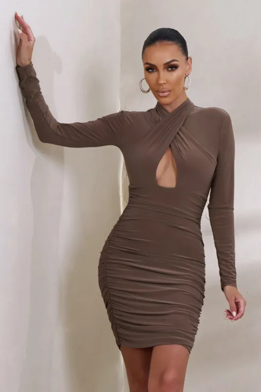 Sofia | Brown Cut Out Ruched Mini Dress With Open Back Detail sold by Club L London