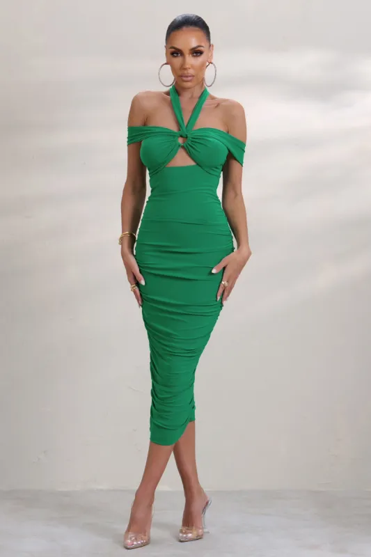 Prague | Green Halter Neck Cut Out Ruched Midi Dress sold by Club L London