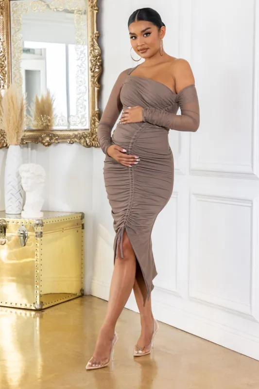 Sweet Dreams | Mocha Maternity Ruched Sheer Sleeve Midi Dress sold by Club L London