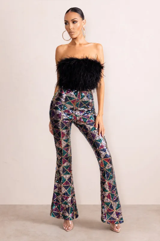 Heaven Sent | Black Aztec Sequin Fit And Flare Trousers sold by Club L London