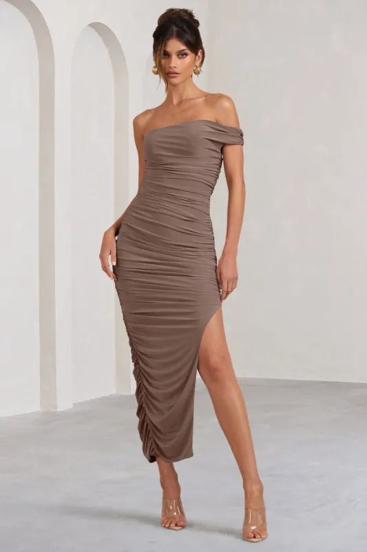 Celine | Mocha Asymmetric One Shoulder Ruched Maxi Dress With Curved Cut Out sold by Club L London