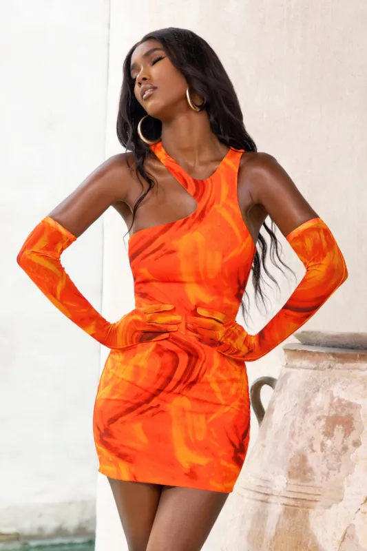 Passion Fruit | Orange Print Asymmetric Neckline Bodycon Mini Dress sold by Club L London