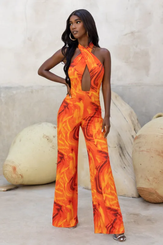 Stardust | Orange Print Halter Neck Cut Out Wide Leg Jumpsuit sold by Club L London