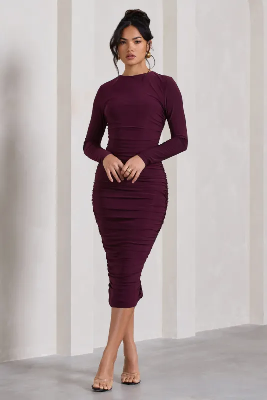 Emilie | Plum Ruched Long-Sleeve Midi Dress sold by Club L London