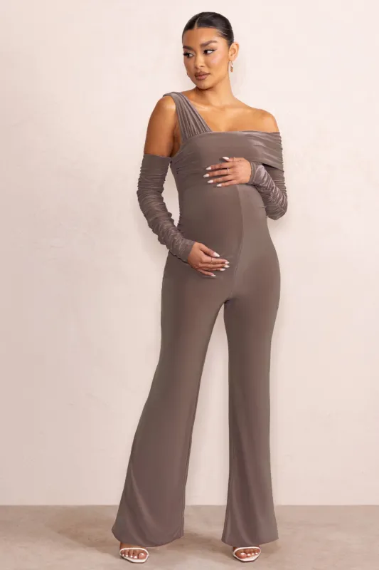 Kelly | Mocha Asymmetric Bardot Maternity Jumpsuit with Sleeves sold by Club L London