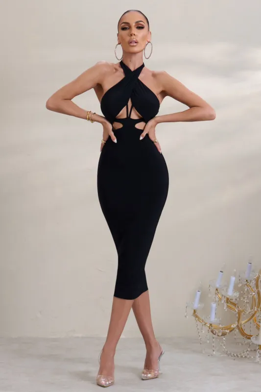 Valetta | Black Halter Neck Cut Out Midi Dress sold by Club L London