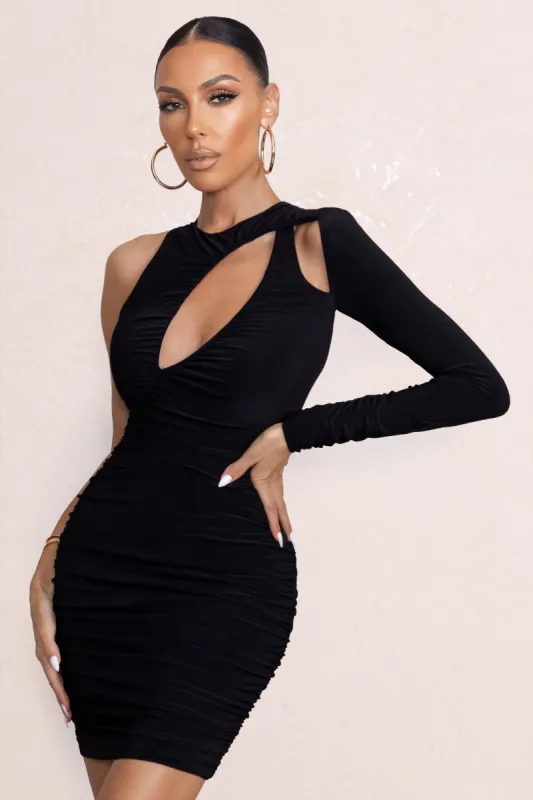 Palm Springs | Black Asymmetric Neck Ruched Mini Dress With Cut Out sold by Club L London