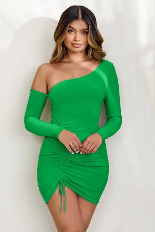 French Riviera | Apple Green Asymmetric Neck Ruched Mini Dress sold by Club L London