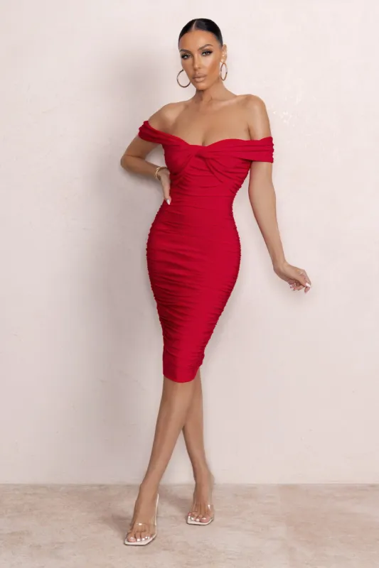 Gratitude | Red Off The Shoulder Ruched Midi Dress sold by Club L London