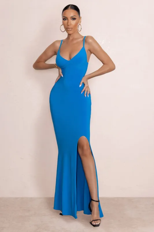 Love Shy | Blue Plunge Neck Maxi Dress With Split Detail sold by Club L London
