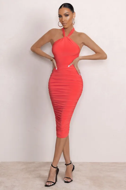 Serendipity | Orange Halter Neck Knot Midi Dress sold by Club L London