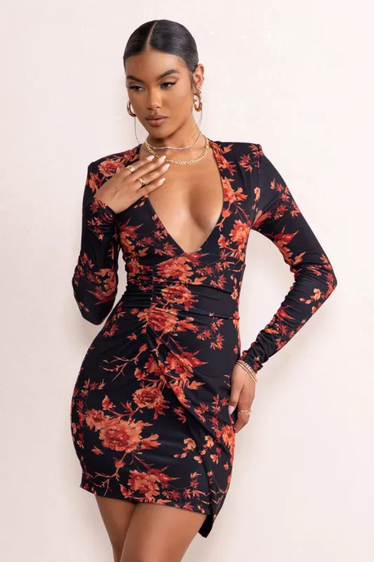 Elora | Black Orange Floral Print Long Sleeved Plunge Neck Ruched Side Mini Dress sold by Club L London