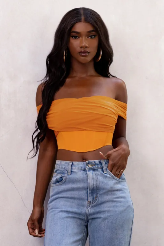Etoile | Orange Bardot Corset Style Crop Top sold by Club L London