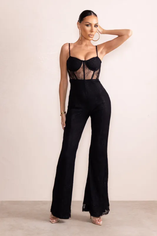 First Look | Petite Black Lace Corset Bodice Flared Leg Jumpsuit sold by Club L London