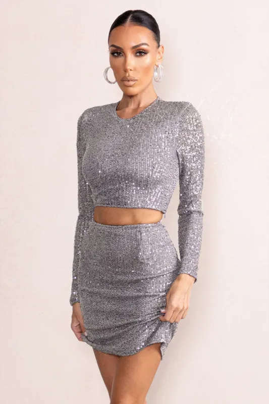 Aftermath | Pewter Silver Sequin Crop Top sold by Club L London