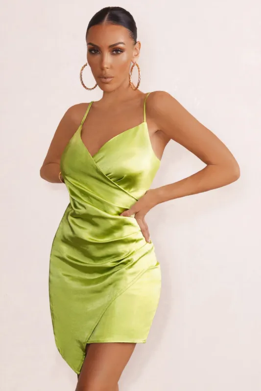 Tell Me | Lime Wrap Detail Satin Mini Dress sold by Club L London