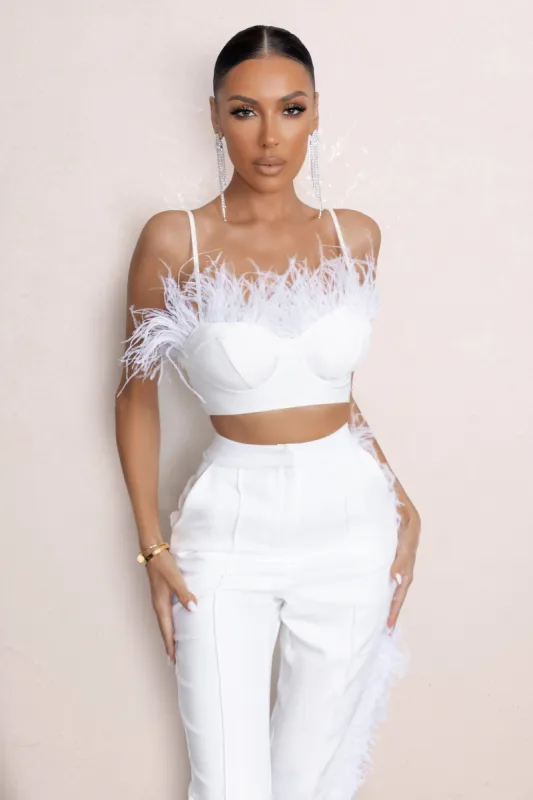 Prestige | White Bralette With Feather Trim sold by Club L London