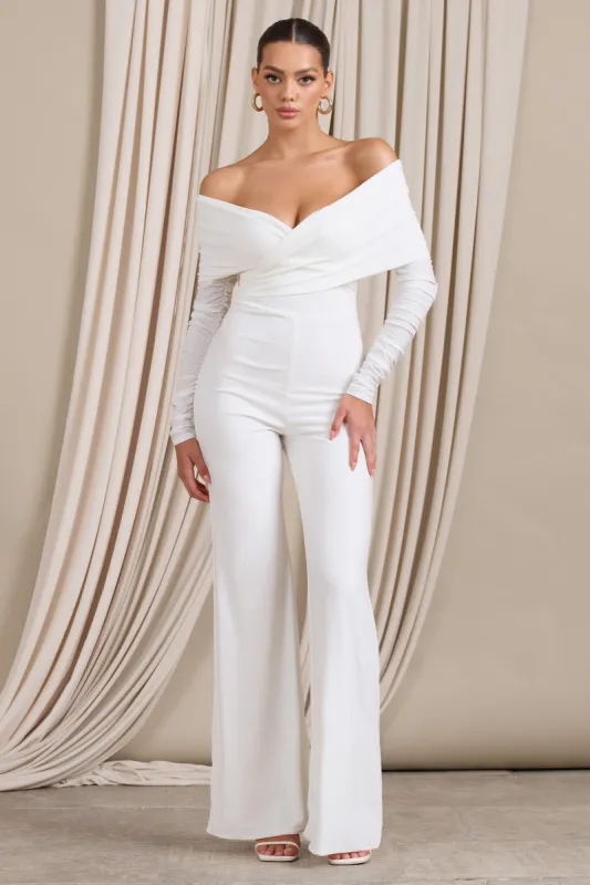 Hand On Heart | Ivory Twist Front Bardot Long Sleeve Jumpsuit made by Club L London