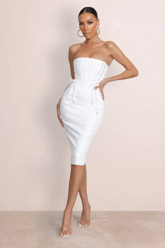 Daily Dose | White Bandeau Midi Dress With Lace Up Detail sold by Club L London
