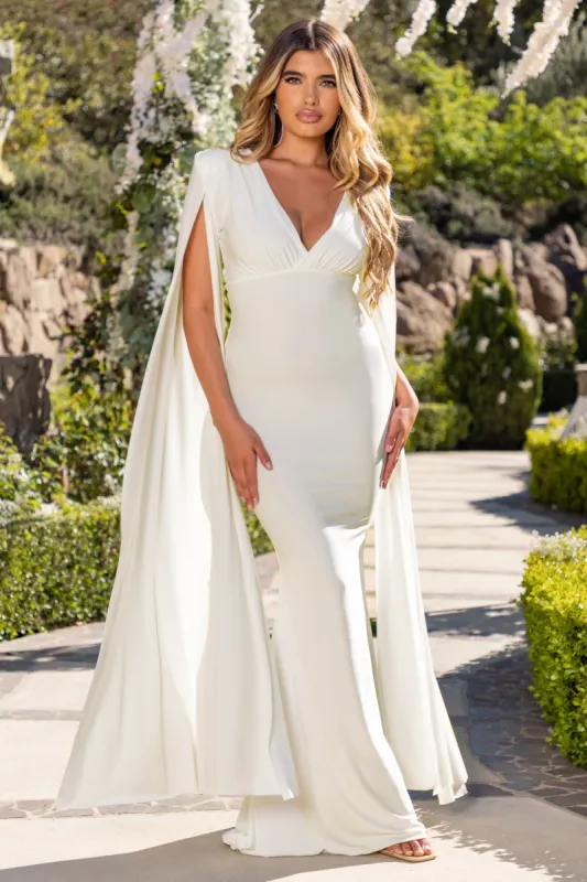 Beloved | Ivory Plunge Neck Maxi Dress With Cape Sleeves sold by Club L London