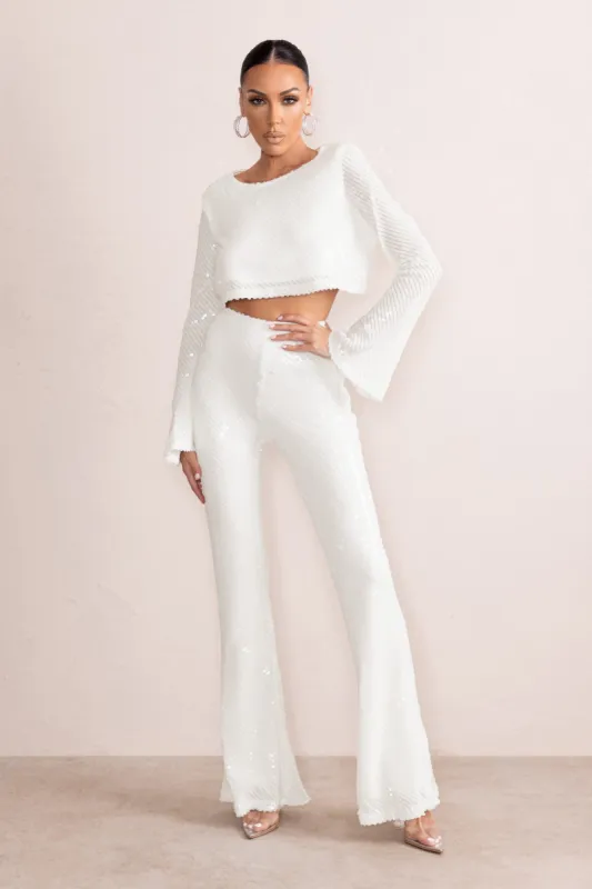 Dropping Hints | White Sequin Wide Leg Trousers sold by Club L London