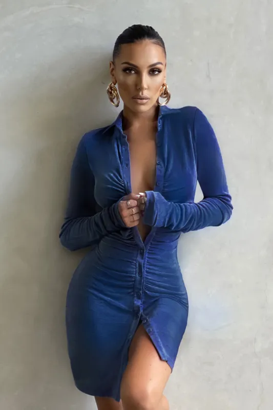 One To Remember | Royal Blue Bodycon Ruched Long Sleeve Shirt Mini Dress sold by Club L London