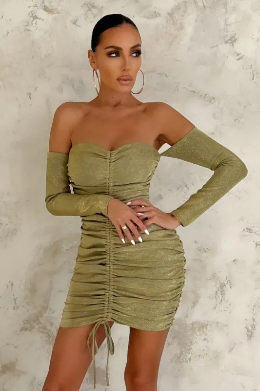 Dance With Me | Golden Yellow Gathered Lurex Bardot Mini Dress sold by Club L London