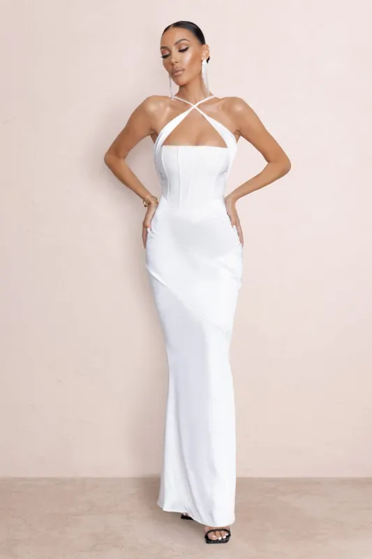 Dulcet | White Cross Over Neck Corset Maxi Dress sold by Club L London