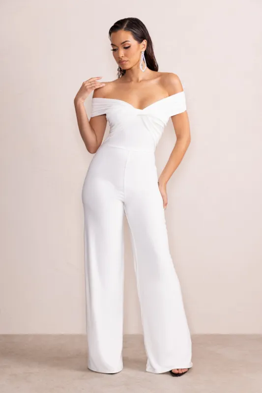 Say Less | White Bardot Front Wrap Wide Leg Jumpsuit sold by Club L London