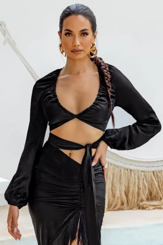 Speechless | Black Plunge Statement Sleeve Crop Top made by Club L London