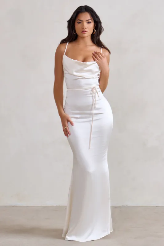 Lifetime | Ivory Satin Cowl Neck Maxi Dress With Cross Back Detail sold by Club L London