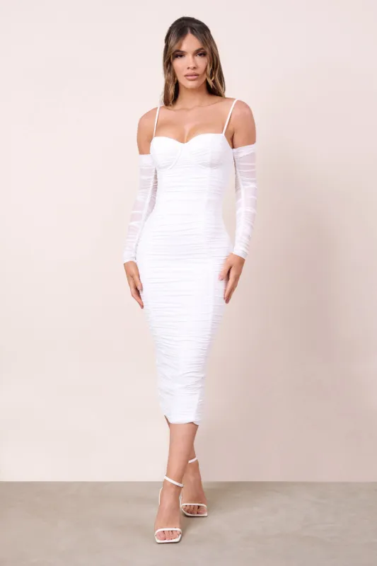 Happiness | Ivory Off The Shoulder Long Sleeve Ruched Mesh Midi Dress sold by Club L London