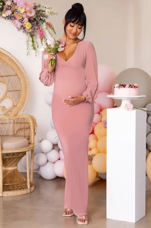 Mum To Be | Pink Maternity Long Sleeve V Neck Maxi Dress made by Club L London