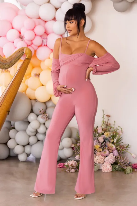 Baby Baby | Rose Pink Maternity Ruched Bardot Jumpsuit sold by Club L London