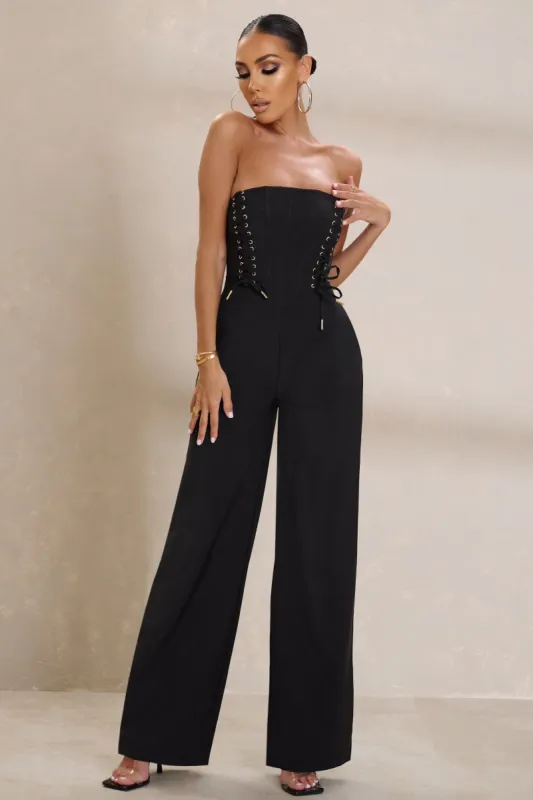 Reborn | Black Bandeau Jumpsuit With Lace Up Detail sold by Club L London