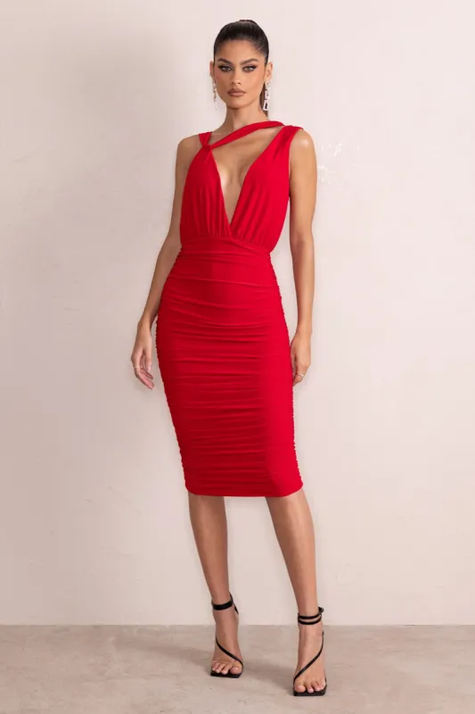 Marnie | Red Plunge Neck Ruched Midi Dress With Strap Back Detail sold by Club L London