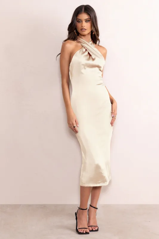 Dazzling | Cream Satin Cross Over Halter Neck Midi Dress sold by Club L London