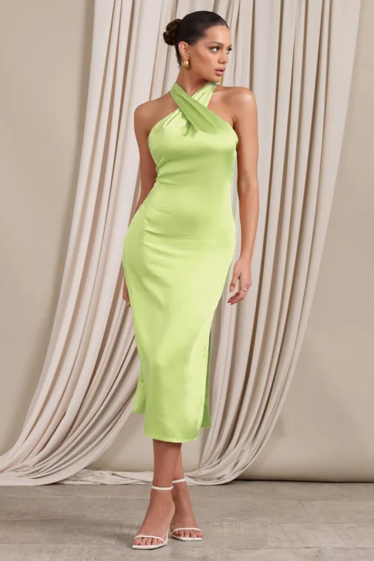 Dazzling | Lime Satin Cross Over Halter Neck Midi Dress sold by Club L London