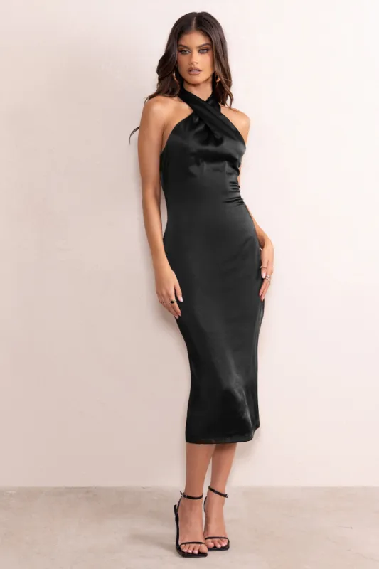 Dazzling | Black Satin Cross Over Halter Neck Midi Dress sold by Club L London