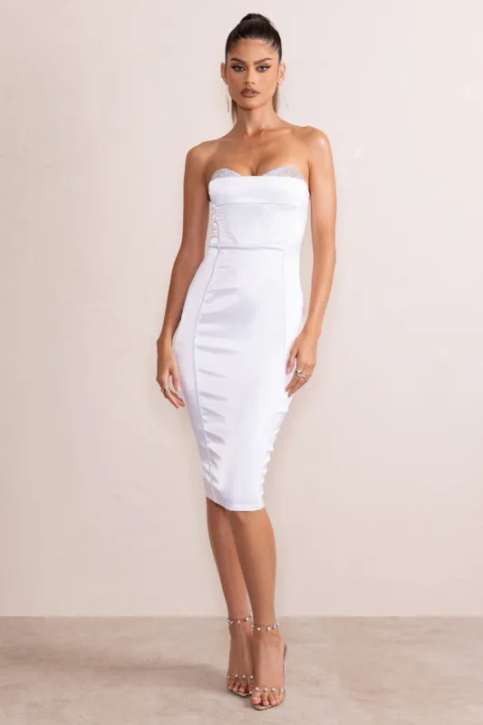 Anne | White Satin Layered Corset Detail Midi Dress sold by Club L London