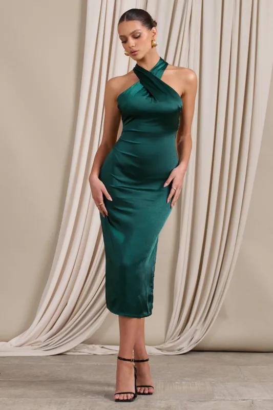 Dazzling | Bottle Green Satin Cross Over Halter Neck Midi Dress sold by Club L London