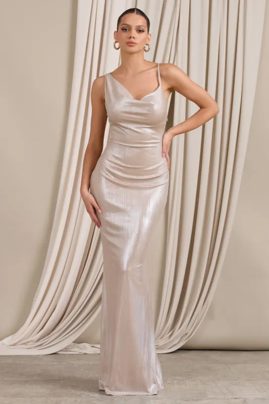 Galaxy Shimmer | Gold Bias Cut Cowl Front Maxi Dress sold by Club L London