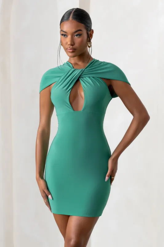 Fashionista | Emerald Green Twist Front Mini Dress With Cut Out Detail sold by Club L London