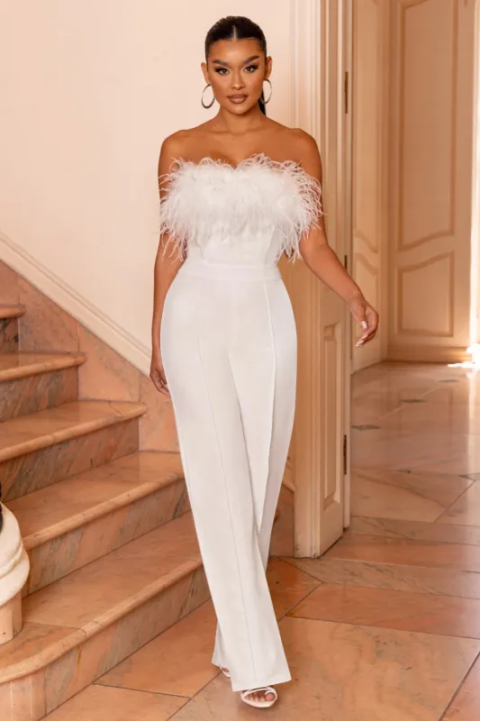 First Class | White Bandeau Feather Wide Leg Jumpsuit sold by Club L London