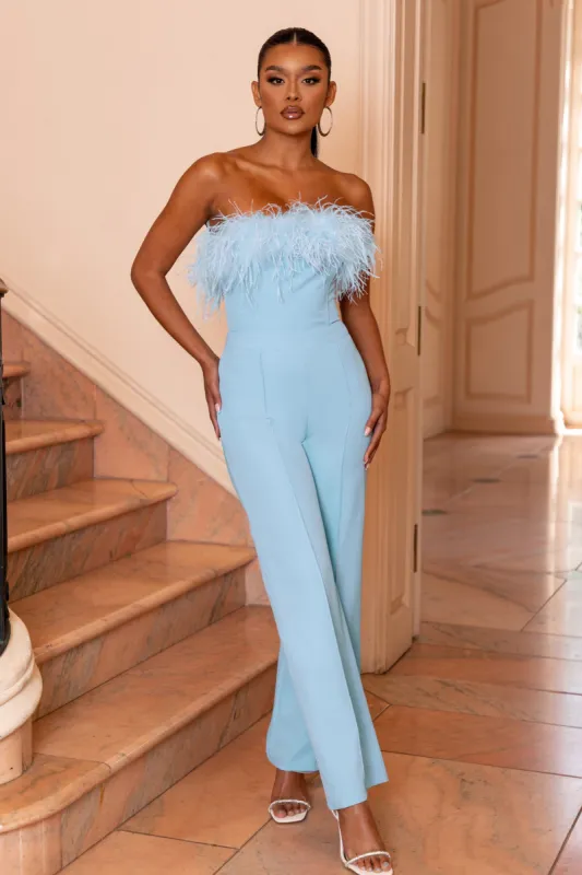 First Class | Blue Bandeau Feather Wide Leg jumpsuit sold by Club L London