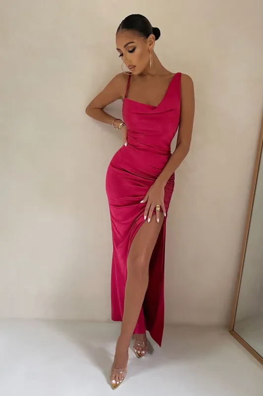 Belonging | Berry Ruched Cowl Maxi Dress sold by Club L London