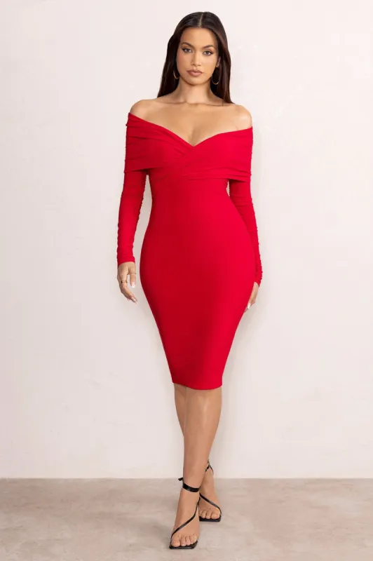Flatter Me | Red Twist Front Bardot Midi Dress sold by Club L London